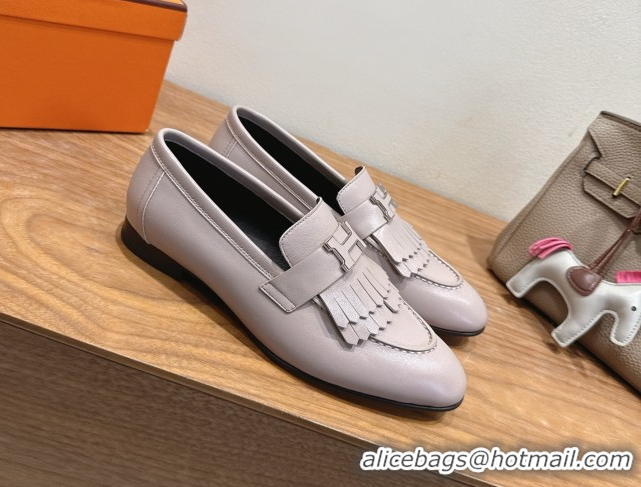 Top Sales Hermes Royal Loafers in Calfskin Leather with Fringe Light Grey 2025 H082006 0820054