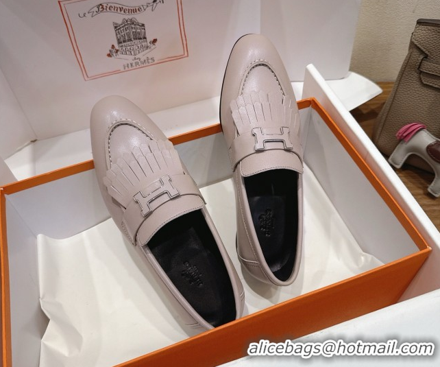 Top Sales Hermes Royal Loafers in Calfskin Leather with Fringe Light Grey 2025 H082006 0820054