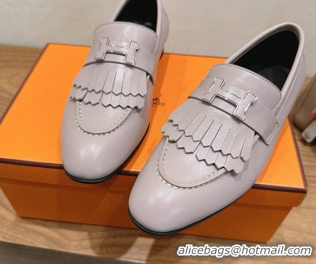 Top Sales Hermes Royal Loafers in Calfskin Leather with Fringe Light Grey 2025 H082006 0820054