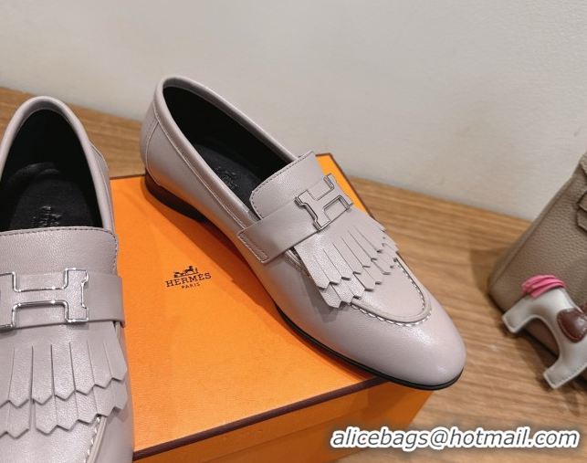 Top Sales Hermes Royal Loafers in Calfskin Leather with Fringe Light Grey 2025 H082006 0820054