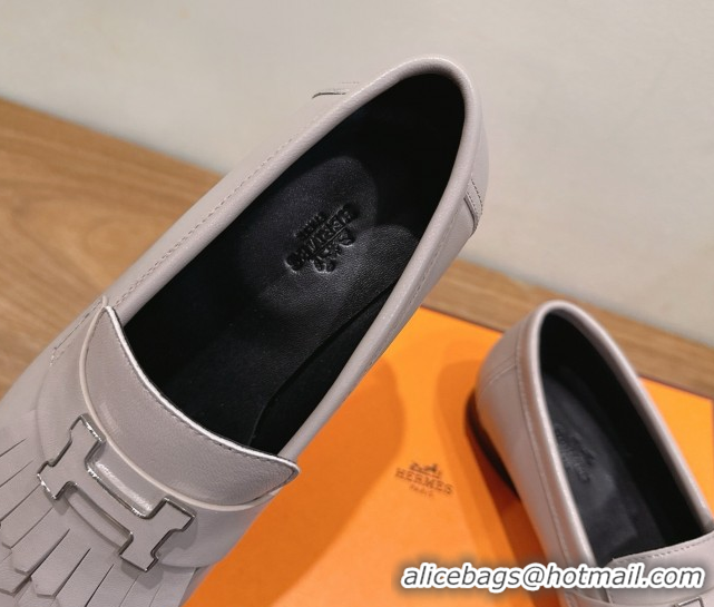 Top Sales Hermes Royal Loafers in Calfskin Leather with Fringe Light Grey 2025 H082006 0820054