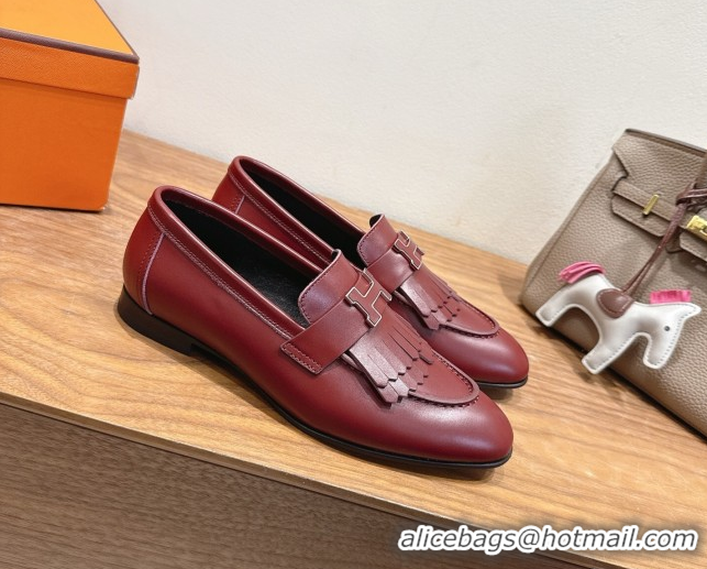 Top Quality Hermes Royal Loafers in Calfskin Leather with Fringe Red 2025 H082006 0820057