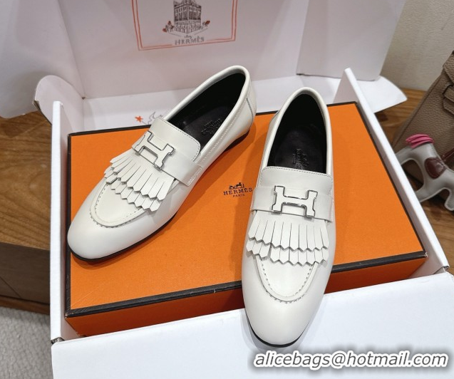 Luxurious Hermes Royal Loafers in Calfskin Leather with Fringe White2 2025 H082006 0820058