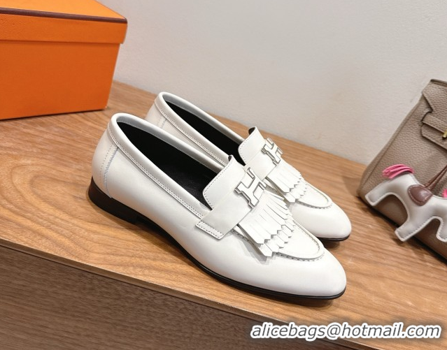 Luxurious Hermes Royal Loafers in Calfskin Leather with Fringe White2 2025 H082006 0820058
