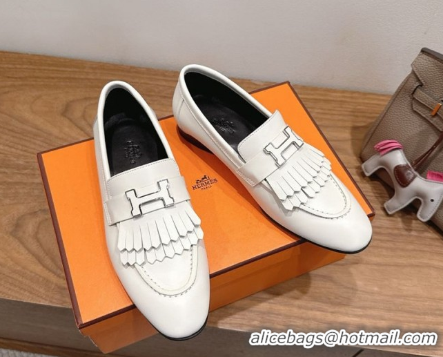 Luxurious Hermes Royal Loafers in Calfskin Leather with Fringe White2 2025 H082006 0820058