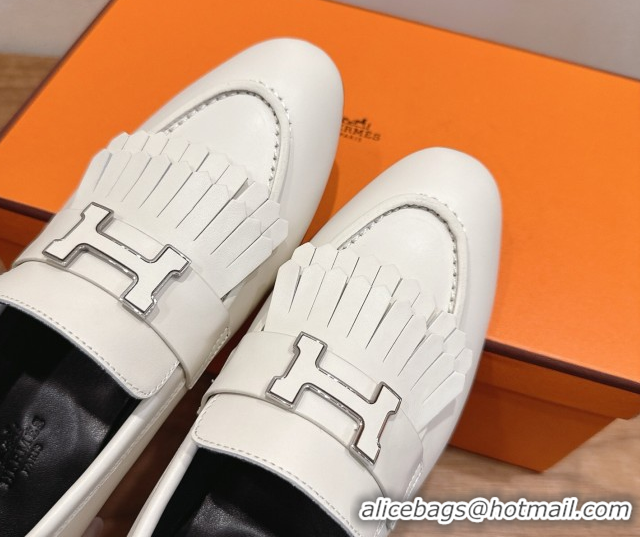 Luxurious Hermes Royal Loafers in Calfskin Leather with Fringe White2 2025 H082006 0820058