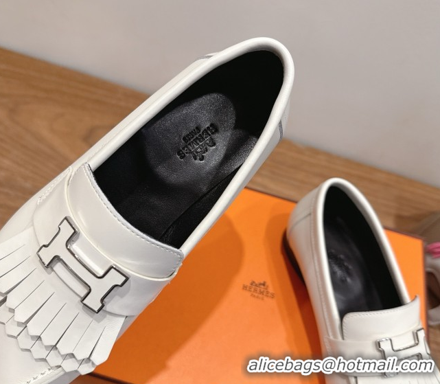 Luxurious Hermes Royal Loafers in Calfskin Leather with Fringe White2 2025 H082006 0820058