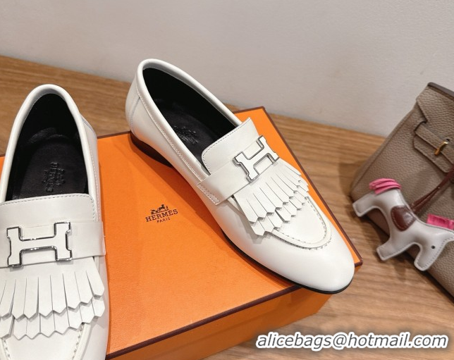 Luxurious Hermes Royal Loafers in Calfskin Leather with Fringe White2 2025 H082006 0820058