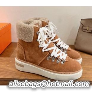 Perfect Hermes Flocon Ankle Boots in Suede and Shearling Brown 0820059