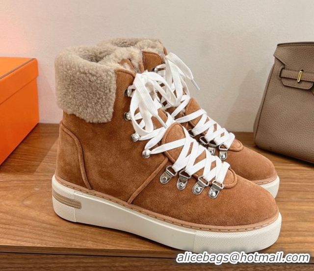 Perfect Hermes Flocon Ankle Boots in Suede and Shearling Brown 0820059