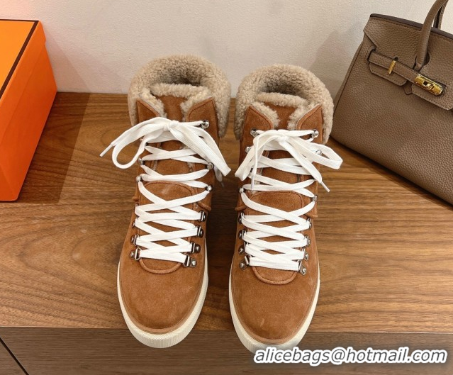Perfect Hermes Flocon Ankle Boots in Suede and Shearling Brown 0820059
