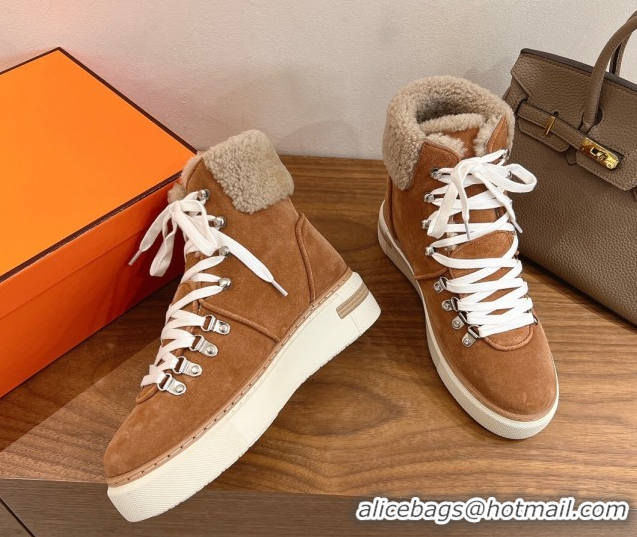 Perfect Hermes Flocon Ankle Boots in Suede and Shearling Brown 0820059