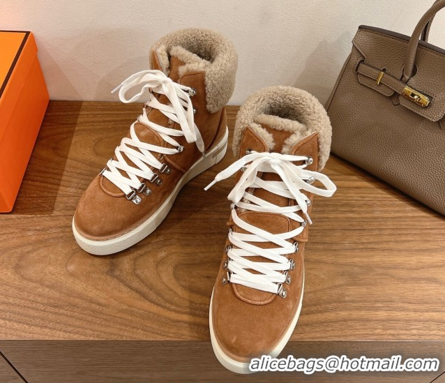 Perfect Hermes Flocon Ankle Boots in Suede and Shearling Brown 0820059