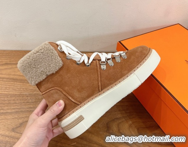 Perfect Hermes Flocon Ankle Boots in Suede and Shearling Brown 0820059