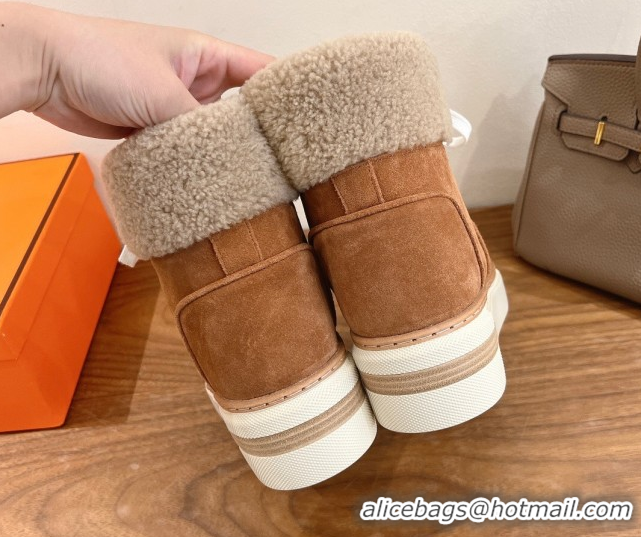 Perfect Hermes Flocon Ankle Boots in Suede and Shearling Brown 0820059
