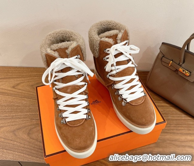 Perfect Hermes Flocon Ankle Boots in Suede and Shearling Brown 0820059