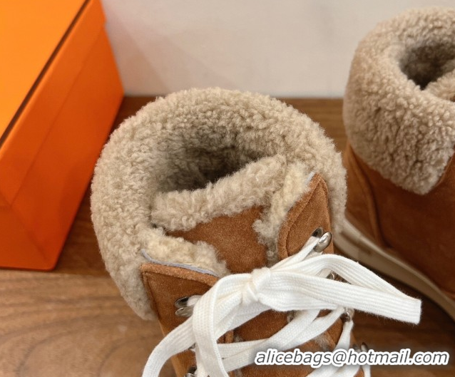 Perfect Hermes Flocon Ankle Boots in Suede and Shearling Brown 0820059