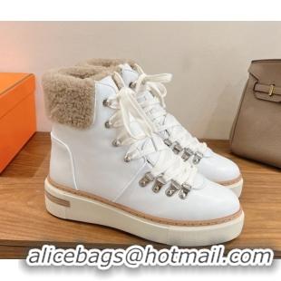 New Design Hermes Flocon Ankle Boots in Calfskin and Shearling White 0820060