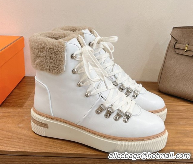 New Design Hermes Flocon Ankle Boots in Calfskin and Shearling White 0820060
