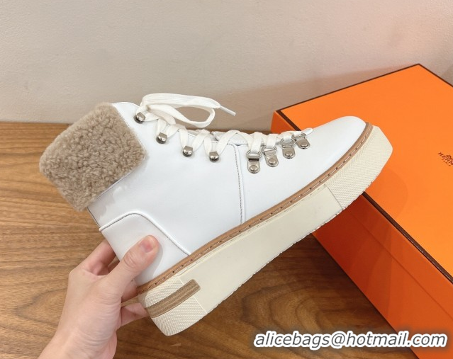 New Design Hermes Flocon Ankle Boots in Calfskin and Shearling White 0820060