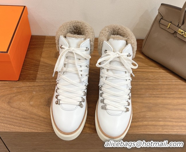 New Design Hermes Flocon Ankle Boots in Calfskin and Shearling White 0820060