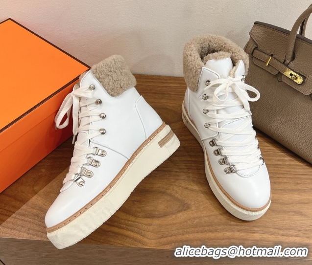 New Design Hermes Flocon Ankle Boots in Calfskin and Shearling White 0820060
