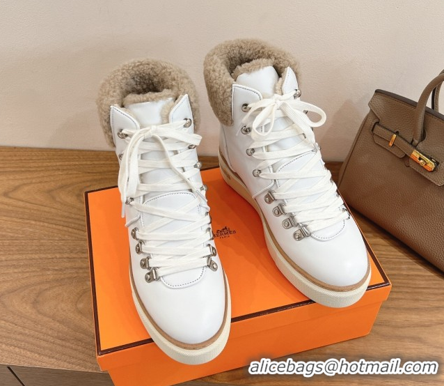 New Design Hermes Flocon Ankle Boots in Calfskin and Shearling White 0820060