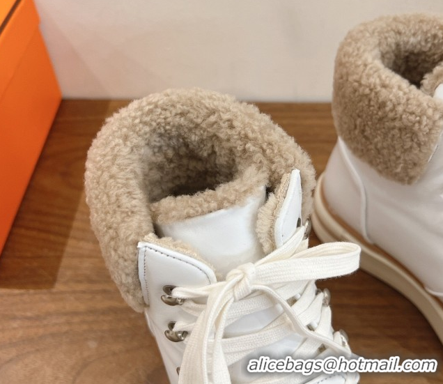 New Design Hermes Flocon Ankle Boots in Calfskin and Shearling White 0820060