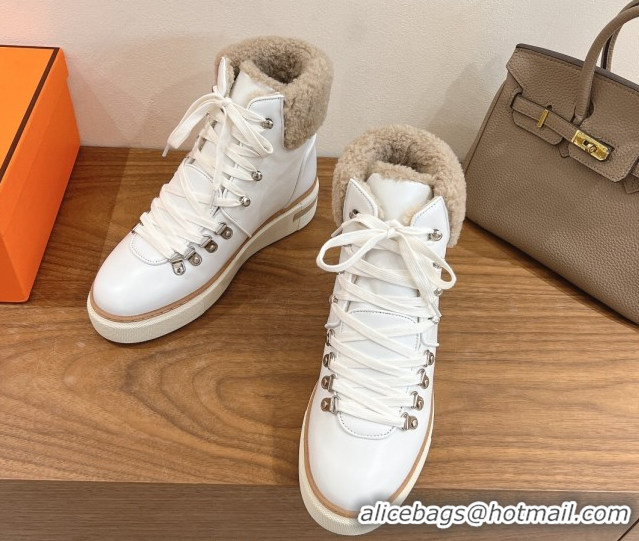 New Design Hermes Flocon Ankle Boots in Calfskin and Shearling White 0820060