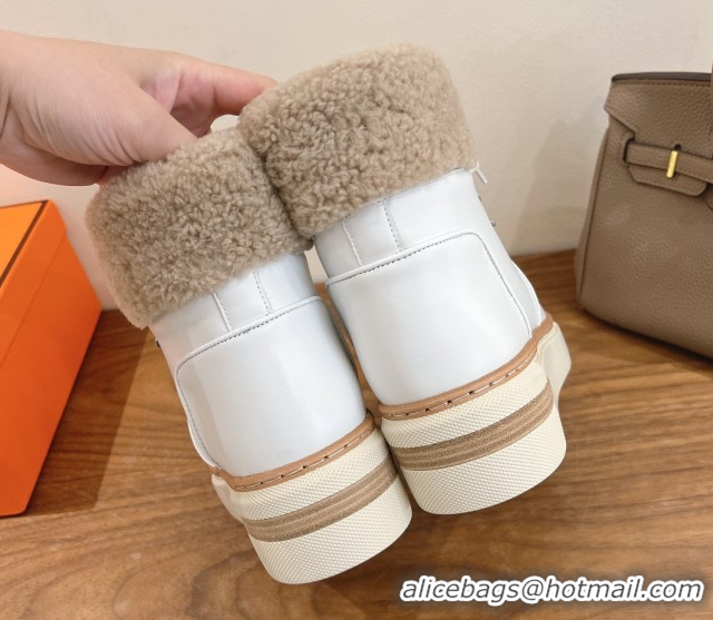 New Design Hermes Flocon Ankle Boots in Calfskin and Shearling White 0820060