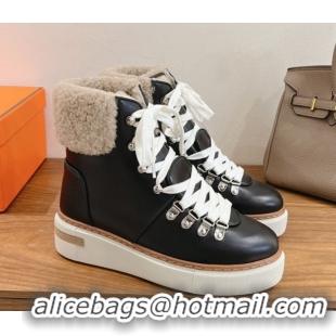 Low Price Hermes Flocon Ankle Boots in Calfskin and Shearling Black 0820061