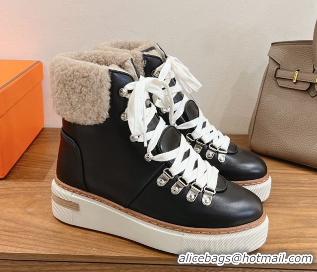 Low Price Hermes Flocon Ankle Boots in Calfskin and Shearling Black 0820061