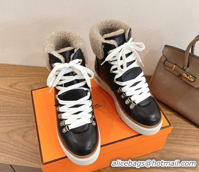 Low Price Hermes Flocon Ankle Boots in Calfskin and Shearling Black 0820061