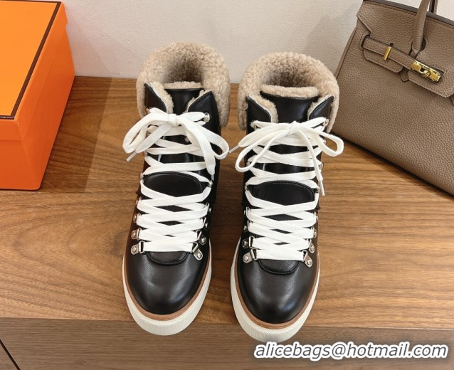 Low Price Hermes Flocon Ankle Boots in Calfskin and Shearling Black 0820061