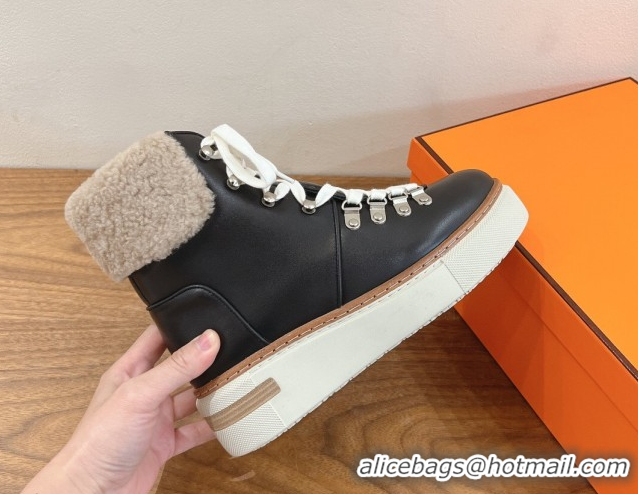 Low Price Hermes Flocon Ankle Boots in Calfskin and Shearling Black 0820061