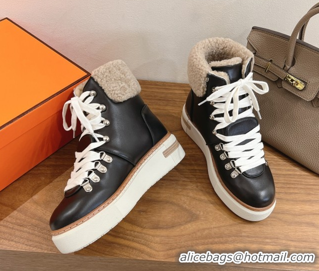 Low Price Hermes Flocon Ankle Boots in Calfskin and Shearling Black 0820061