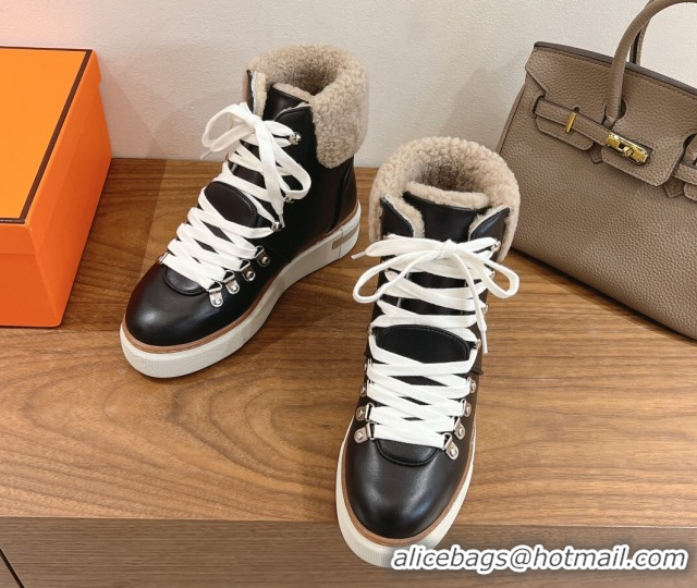 Low Price Hermes Flocon Ankle Boots in Calfskin and Shearling Black 0820061