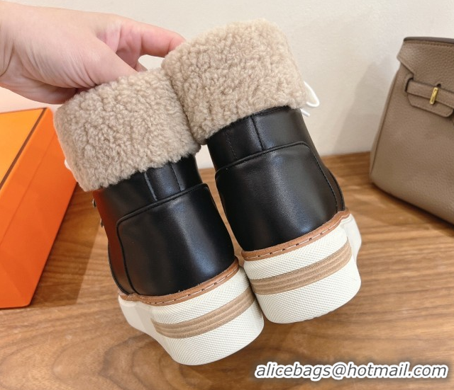 Low Price Hermes Flocon Ankle Boots in Calfskin and Shearling Black 0820061