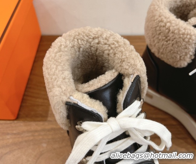 Low Price Hermes Flocon Ankle Boots in Calfskin and Shearling Black 0820061
