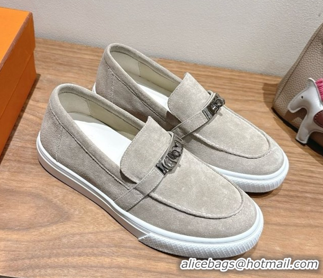 Good Taste Hermes Game Suede Slip-on Sneakers with Kelly Buckle Grey H082007 0820067