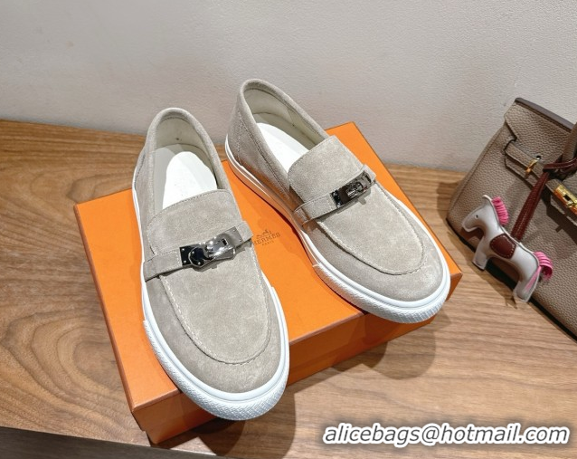 Good Taste Hermes Game Suede Slip-on Sneakers with Kelly Buckle Grey H082007 0820067