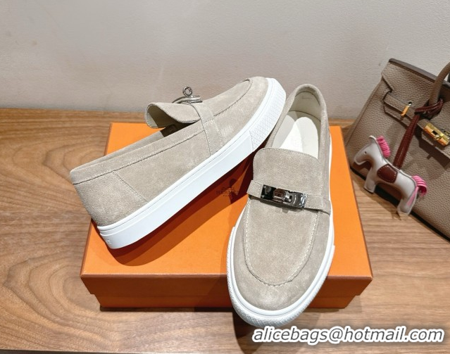 Good Taste Hermes Game Suede Slip-on Sneakers with Kelly Buckle Grey H082007 0820067