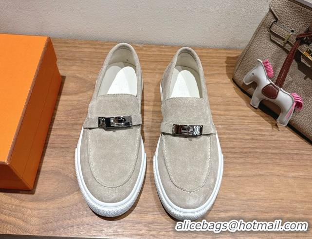 Good Taste Hermes Game Suede Slip-on Sneakers with Kelly Buckle Grey H082007 0820067