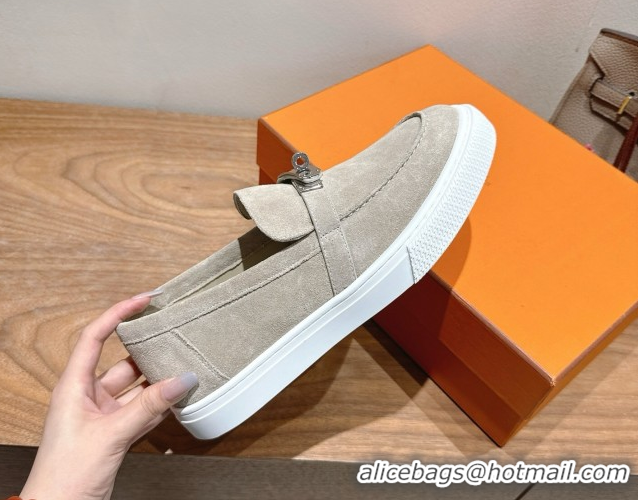 Good Taste Hermes Game Suede Slip-on Sneakers with Kelly Buckle Grey H082007 0820067