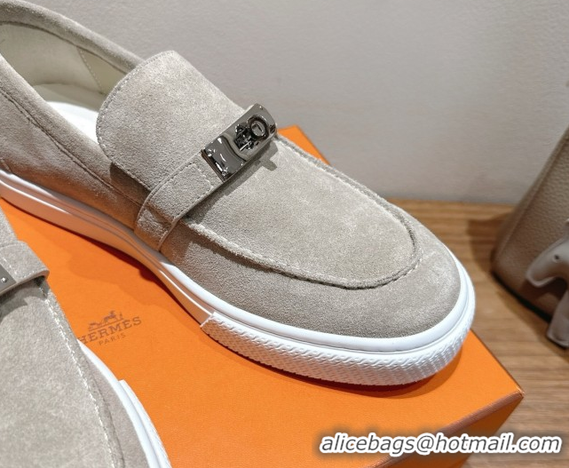 Good Taste Hermes Game Suede Slip-on Sneakers with Kelly Buckle Grey H082007 0820067