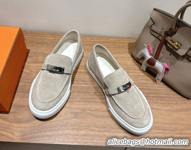 Good Taste Hermes Game Suede Slip-on Sneakers with Kelly Buckle Grey H082007 0820067
