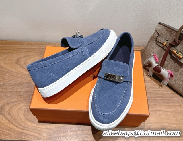 Buy Luxury Hermes Game Suede Slip-on Sneakers with Kelly Buckle Blue 2025 H082007 0820068