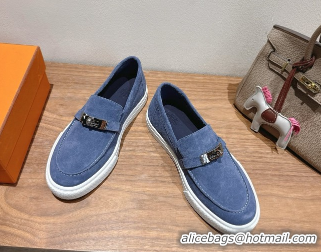 Buy Luxury Hermes Game Suede Slip-on Sneakers with Kelly Buckle Blue 2025 H082007 0820068