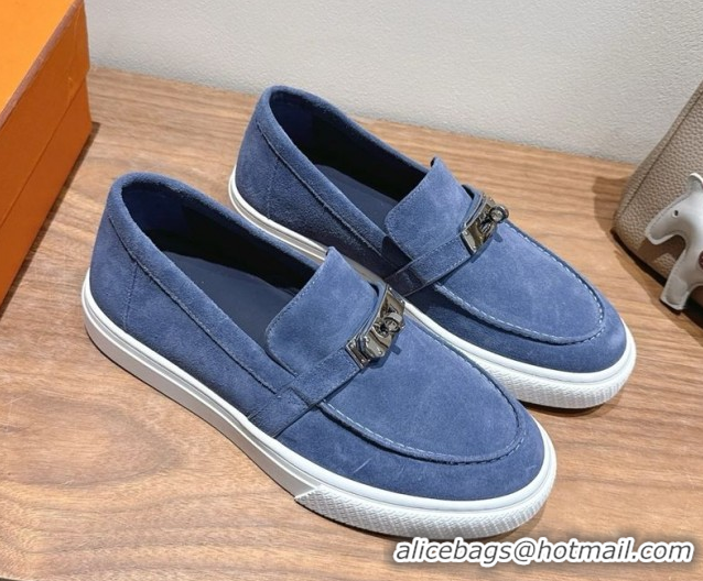 Buy Luxury Hermes Game Suede Slip-on Sneakers with Kelly Buckle Blue 2025 H082007 0820068