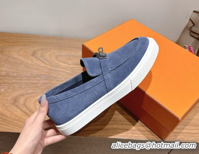 Buy Luxury Hermes Game Suede Slip-on Sneakers with Kelly Buckle Blue 2025 H082007 0820068